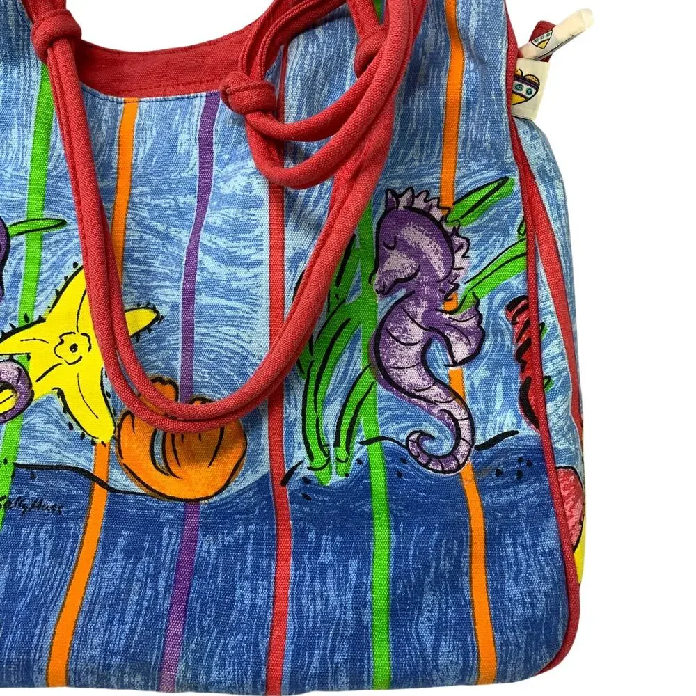 Sally Huss Seahorse Canvas Tote Bag Ocean Beach Shoulder Purse Whimsical Art VTG